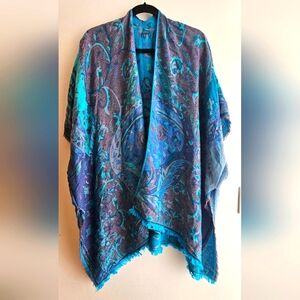 Bold vibrant blue & purple shawl / poncho, 70% pashmina 30% silk, reversible